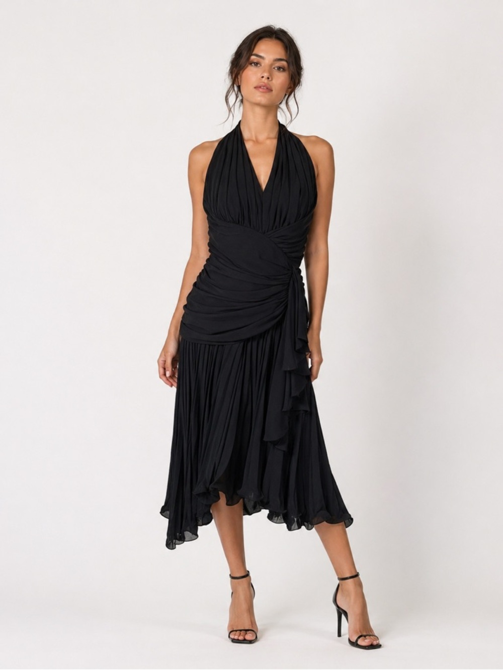 Vintage 90s Y2K BB Collections Black Halter Ruffle Ruched Midi Dress Size 8